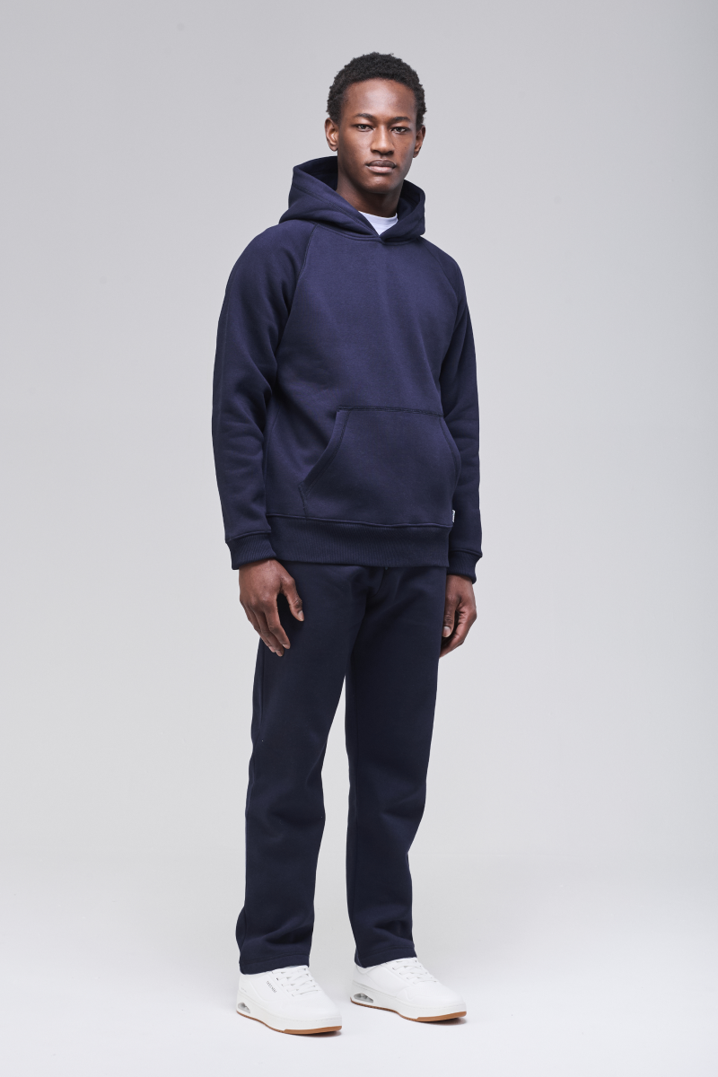 front view, navy hoodie