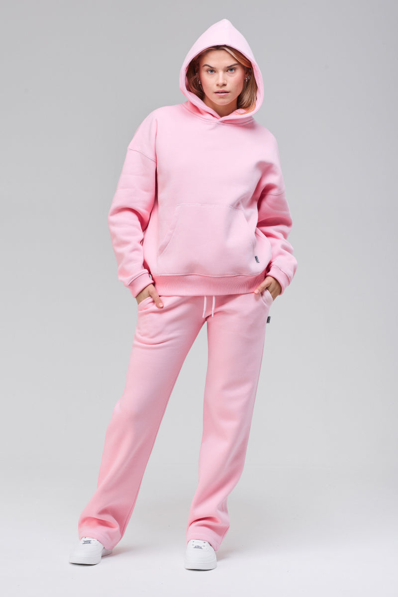 Hood up, front view, cozy oversized hoodie