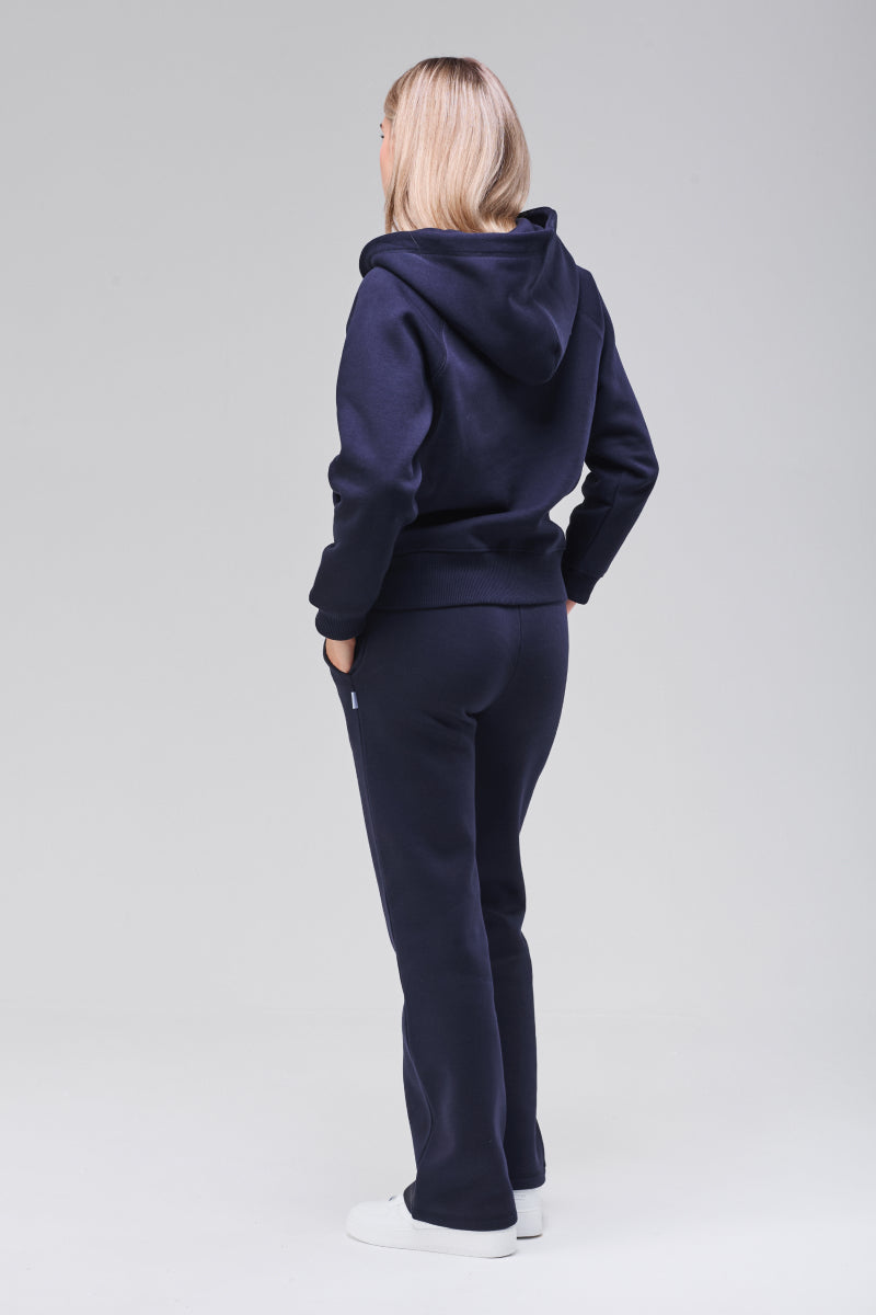 Back view, navy zip hoodie